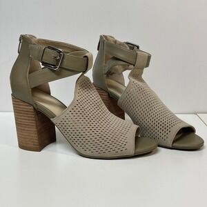 Marc Fisher Women's 9M Taupe Perforated Suede 3.5" Block Heel Sandal Ankle Strap